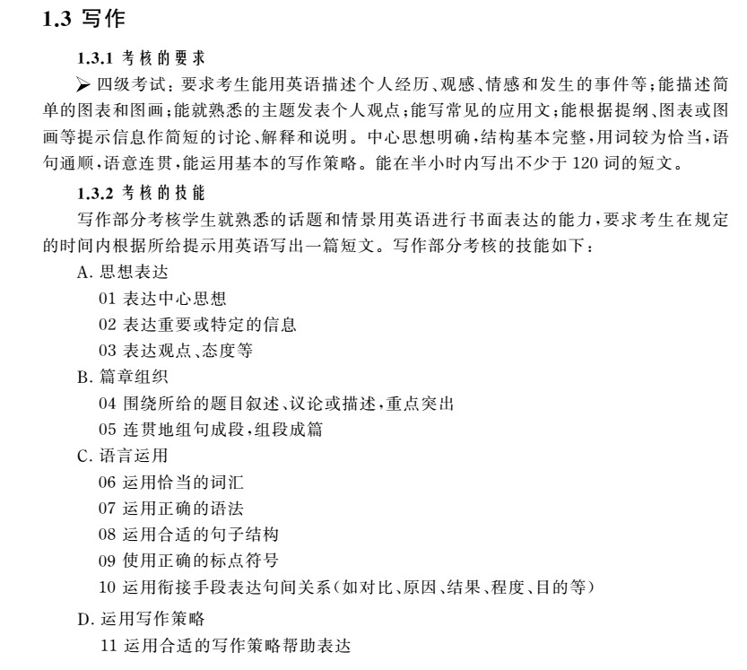 英语四级考试写作大纲要求